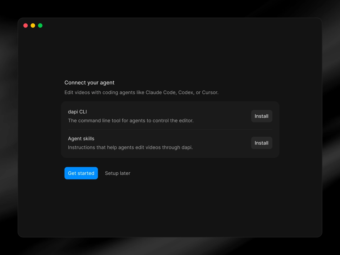 The Connect your agent window in Diffusion Studio, with an Install button next to the dapi CLI and to Agent skills.