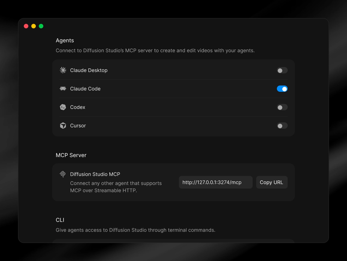 The MCP & CLI settings page in Diffusion Studio, listing agent connections for Claude Desktop, Claude Code, Codex, and Cursor at the top of a longer list, the MCP server URL for other agents, and the dapi CLI install section.