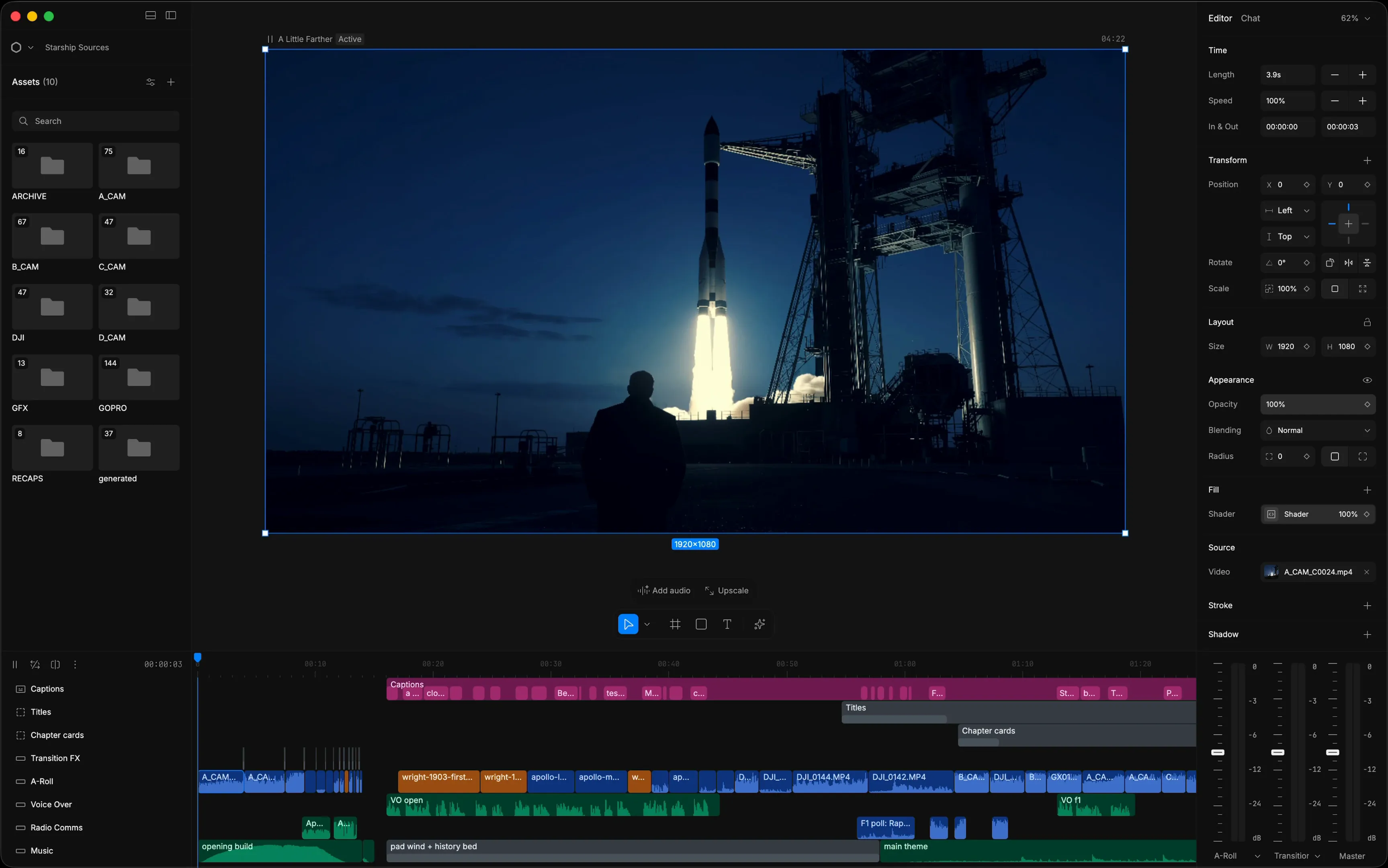 The Diffusion Studio editor playing back "A Little Farther", a spaceflight documentary created and edited in Diffusion Studio: the scene preview at the center, an asset browser on the left with footage folders grouped by camera and source, a multitrack timeline of captions, video, and audio below, and a properties inspector on the right showing the selected clip's design properties.