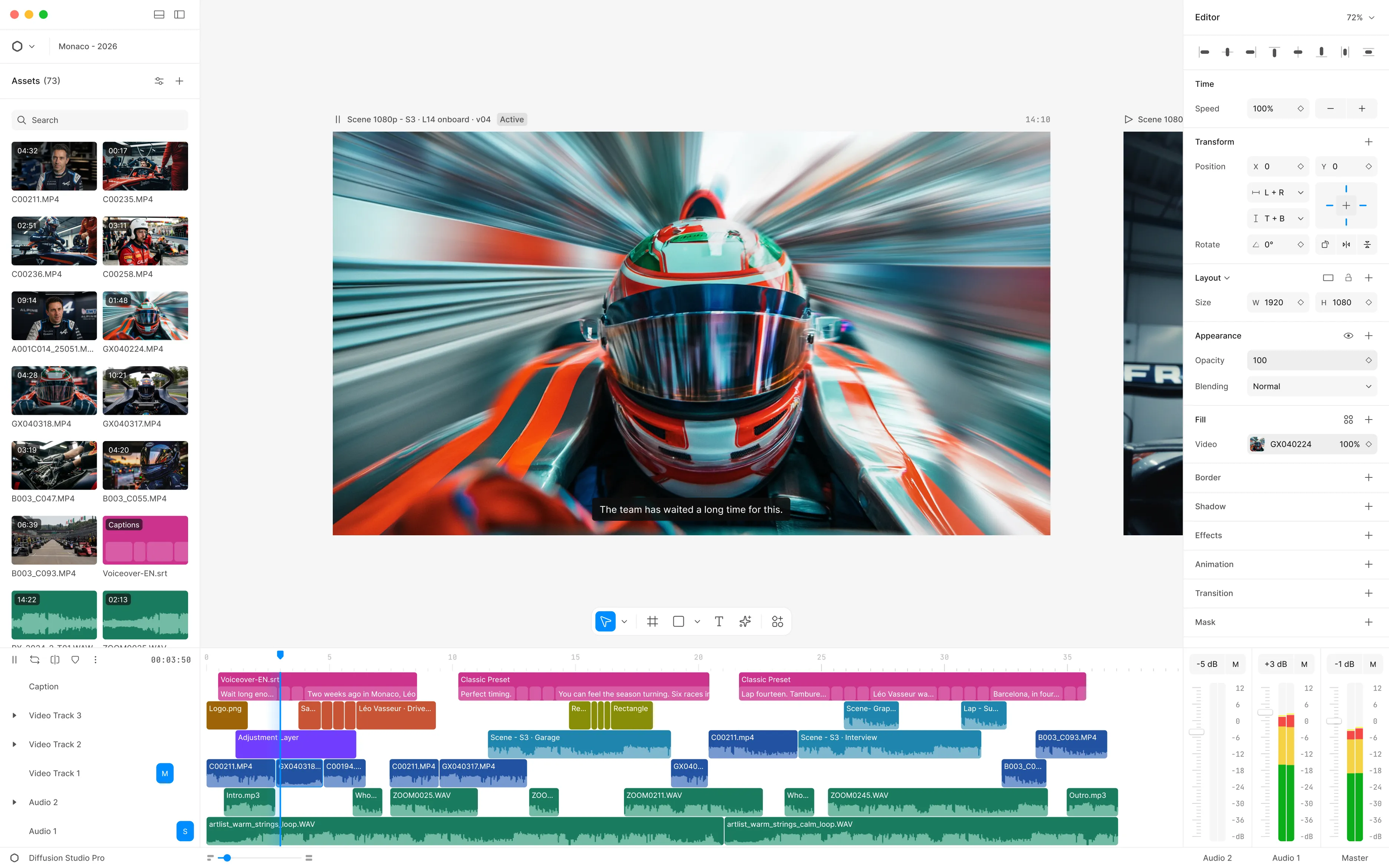 Diffusion Studio editor with an asset library, preview canvas showing a racing scene, multi-track timeline, and a properties inspector.