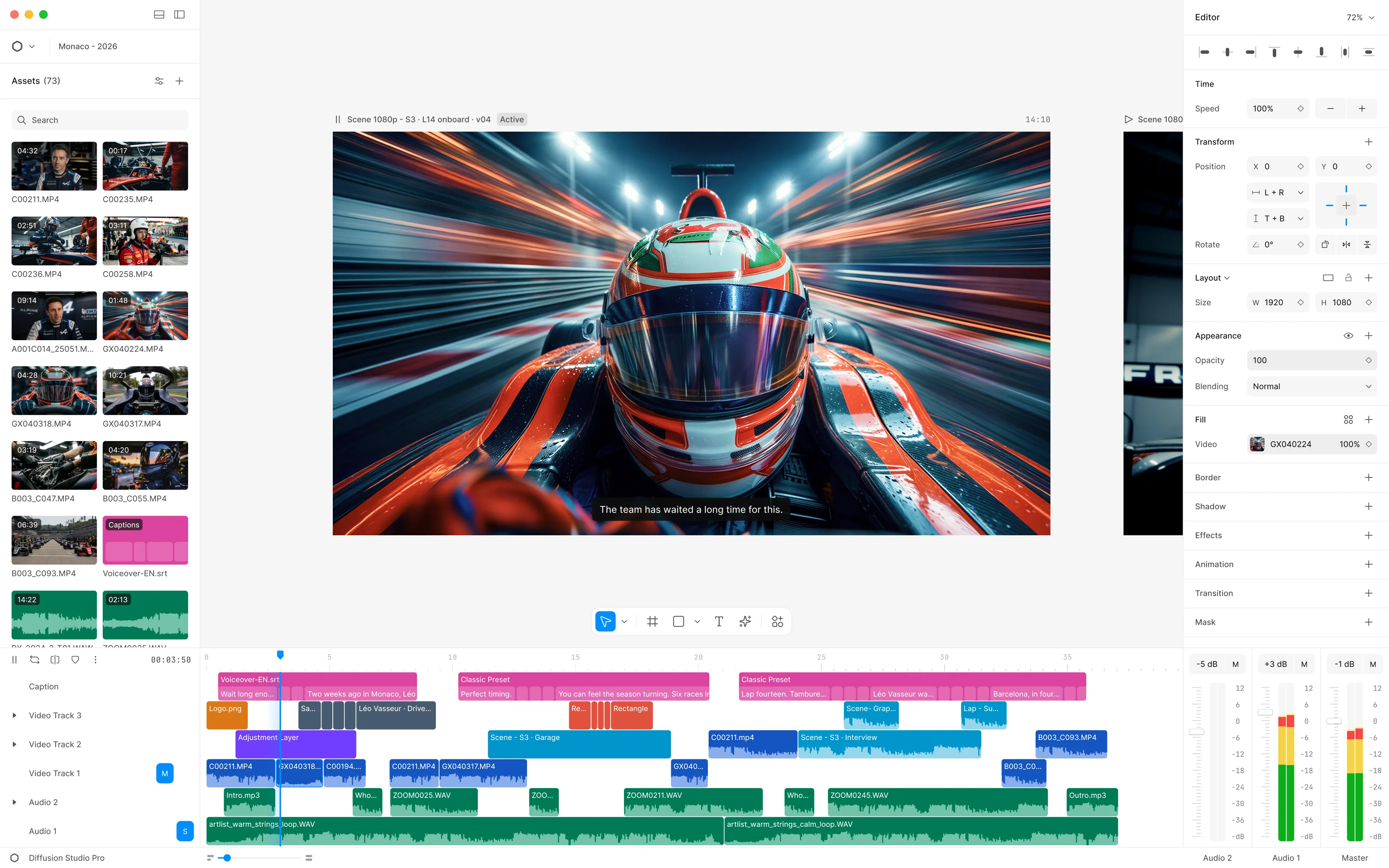 Diffusion Studio editor with an asset library, preview canvas showing a racing scene, multi-track timeline, and a properties inspector.
