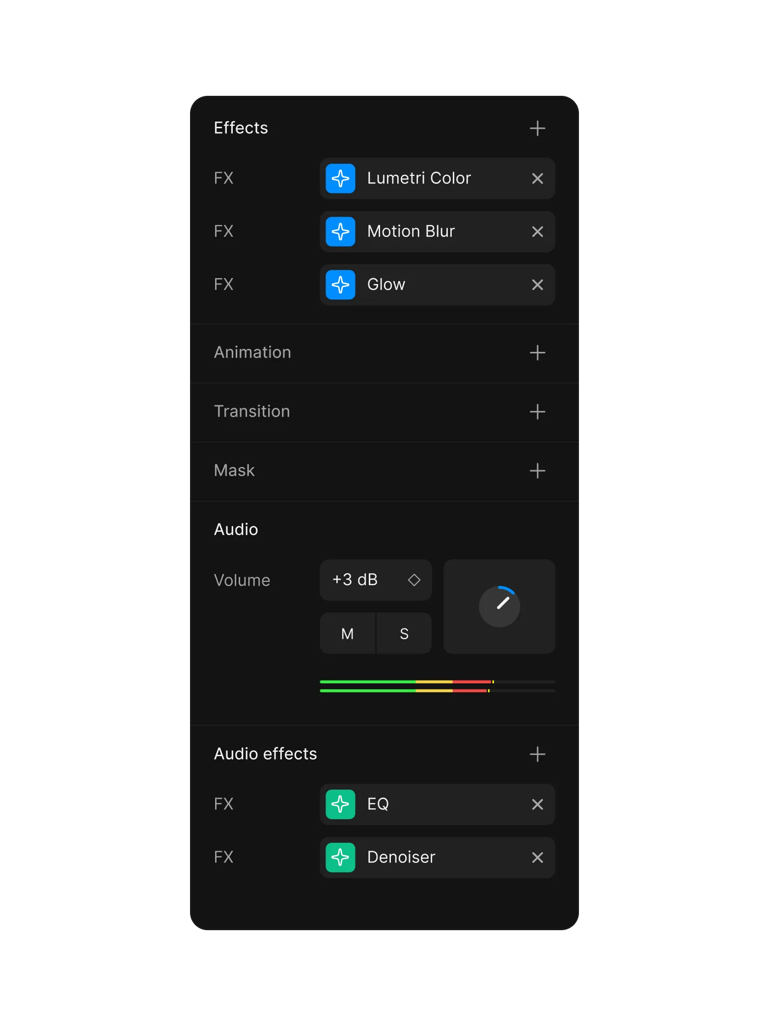 Editor panel showing visual effects like Lumetri Color and Motion Blur, audio volume controls, and audio effects like EQ and Denoiser.
