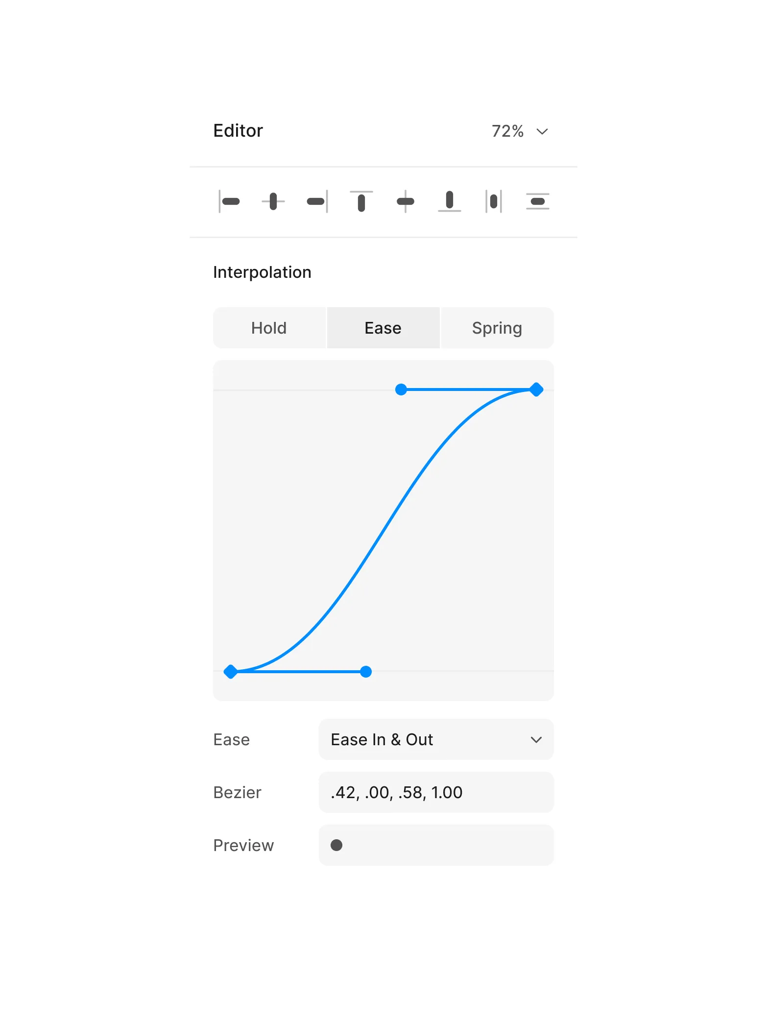 Editor panel showing an ease-in-out bezier curve with control points, interpolation mode tabs, and bezier value inputs.