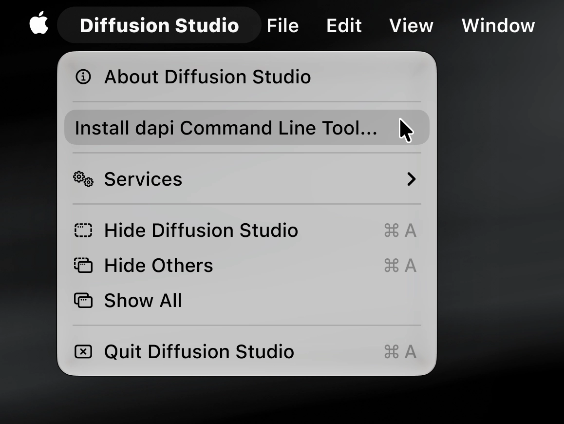 The Diffusion Studio menu open in the macOS menu bar, with Install dapi Command Line Tool highlighted.